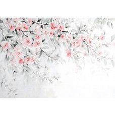 Fotobehang met zachte bloesemtakken in aquarelstijl in roze en pastelkleuren op een lichte achtergrond.