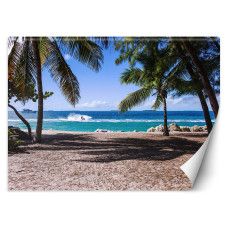 Fotobehang, Zandstrand tussen palmbomen