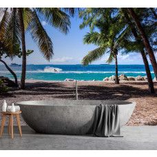 Fotobehang, Zandstrand tussen palmbomen