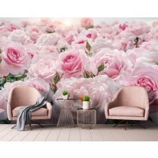 Fotobehang met een zee van roze rozen in een sfeervolle woonkamer.
