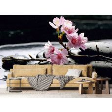 Een fotobehang van zenstenen en kersenbloesem in een woonkamer.