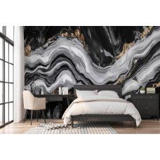 Fotobehang met elegante gouden aders in zwart marmer in een stijlvolle slaapkamer.
