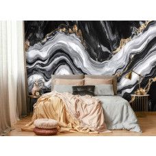 Fotobehang met zwart marmer en gouden lijnen in een landelijke slaapkamer.