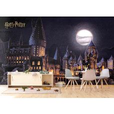 Een fotobehang met Zweinstein bij volle maan in de woonkamer, waarin de sprookjesachtige verlichting van het kasteel en de heldere sterrenhemel een betoverend effect geven.