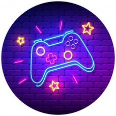 Game-behangcirkel met iconische spelcontrollers en neon accenten. Perfect voor een gameroom of gamekamer, deze cirkel laat klassieke spelconsoles tot leven komen.