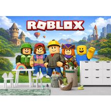 Roblox behang in een kinderkamer met speelse gamepersonages, Roblox logo, groene heuvels en luchtballonnen op de muur.