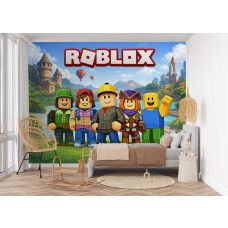 Roblox behang in een meisjeskamer met kleurrijke Roblox personages, luchtballonnen, kasteel en helderblauwe lucht op de muur.