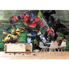 Een fotobehang met Transformers in de gamekamer, waarin de actievolle poses en futuristische details een spannende en inspirerende omgeving creëren.