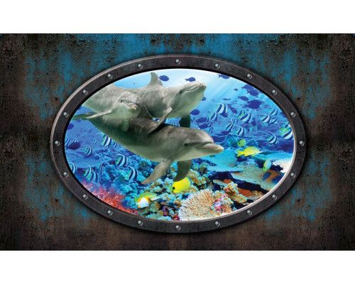 Dolfijnen zwemmen sierlijk door een onderwaterwereld, tot leven gebracht door het 3D-effect op dit fotobehang.