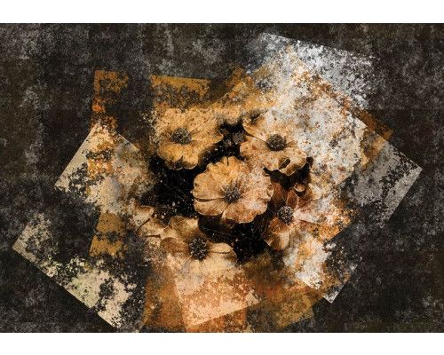 3D-fotobehang met gouden bloemen op een betonnen achtergrond, elegante decoratie met een industriële twist.