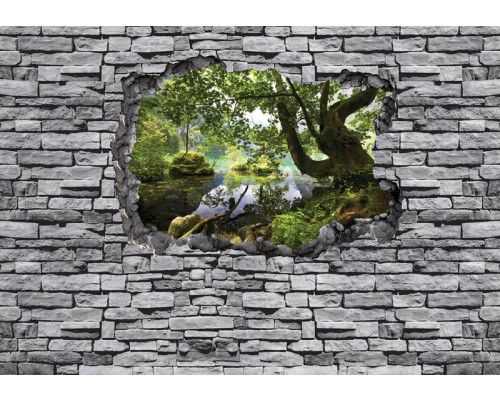 3D fotobehang van een bosgat in een muur van bakstenen, met diepte-effect.