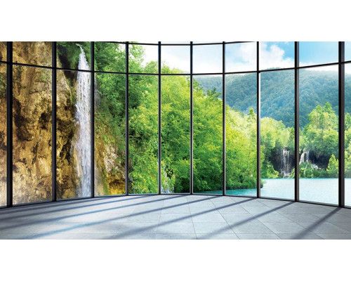 Fotobehang van een raamzicht op een waterval, met een natuurlijk en rustgevend ontwerp.