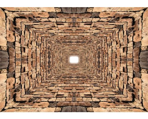 3D fotobehang van een stenen tunnel met bakstenen en een gang met diepte-effect.