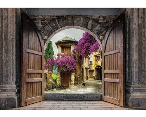 3D fotobehang met uitzicht op een oude stad en kasteeldeuren.