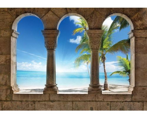 3D-fotobehang met uitzicht op een strand met palmbomen, zacht zand en een eindeloze zee, dat diepte en realisme toevoegt aan elke ruimte.