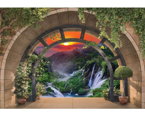 Fotobehang van een 3D uitzicht op watervallen in een weelderig landschap.
