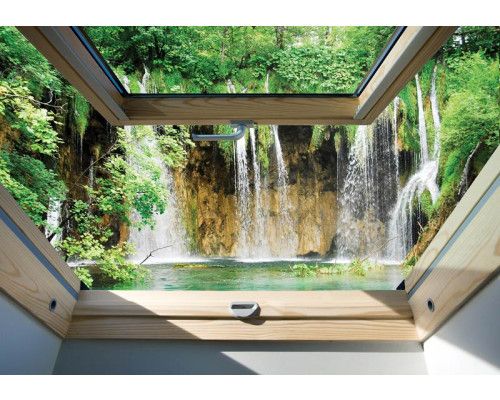 3D fotobehang met uitzicht op grote watervallen, water dat naar beneden stroomt.