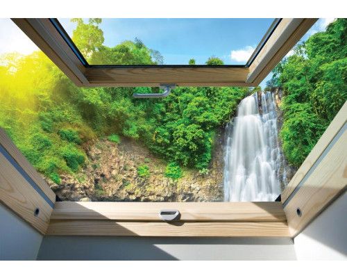 3D fotobehang met uitzicht op een waterval in een jungle, omringd door tropische planten.