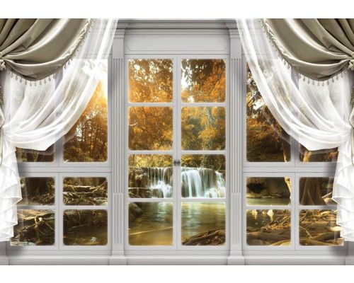 Fotobehang van een waterval in een herfstbos met kleurrijke bomen en 3D-effecten.