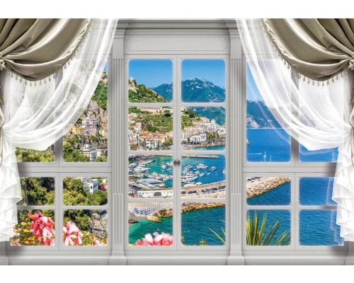 Fotobehang van een stad met uitzicht op zee en bergen door een raam in 3D-perspectief.