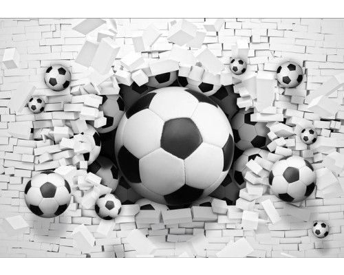3D-fotobehang van voetballen die door een stenen muur heen breken, speciaal voor kinderen.
