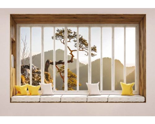 Fotobehang met uitzicht door een raam op een berglandschap in 3D-perspectief.