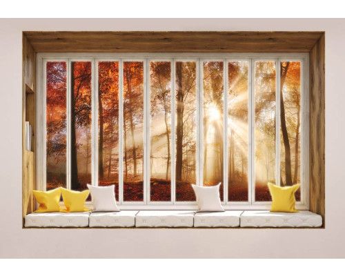 3D-perspectief fotobehang van uitzicht door een raam op een boslandschap.