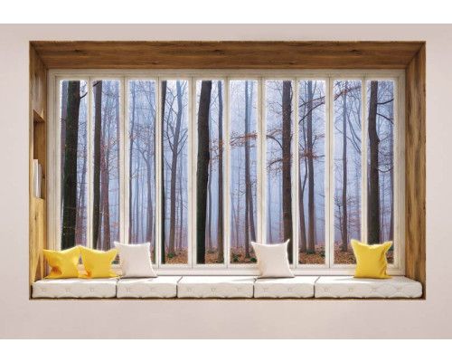 Uitzicht op een herfstachtig bos door een raam met 3D-perspectief op fotobehang.