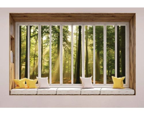 Uitzicht op een zonnig bos door een raam in 3D-perspectief op fotobehang.