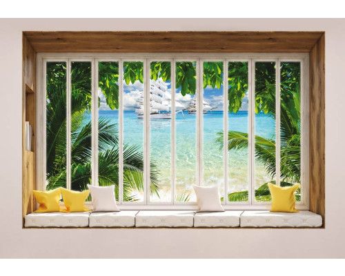 Zeezicht door een raam op een 3D-perspectief fotobehang.