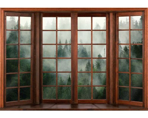 Fotobehang van een 3D-raamzicht op een mistig bos, met een mysterieuze uitstraling.