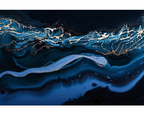 Fotobehang van vloeibaar metallic goud in combinatie met abstract blauw marmer, voor een dramatische en luxe uitstraling.