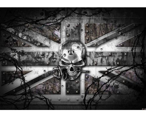 Alchemie fotobehang met een Engelse vlag en schedel, stoer en mystiek.