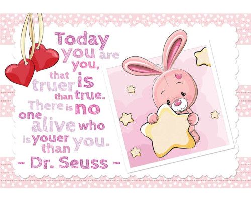 Fotobehang met konijntjes en spreuken, vrolijk en kleurrijk.