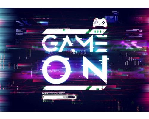 Gaming-on-the-go met speelse game-elementen, controllers en een levendige achtergrond, ideaal voor een gamer room.