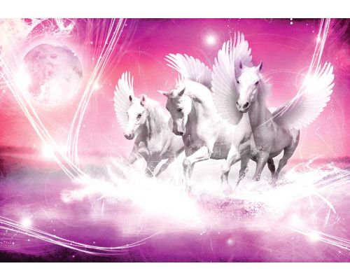 Fotobehang van een eenhoorn in roze, magisch en dromerig.