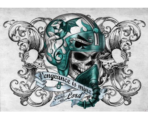 Behang van Vengeance is mine met skull en motorhelm, perfect voor slaapkamers.