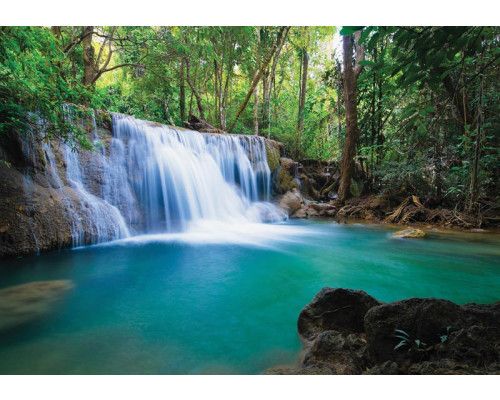 Waterval fotobehang in een bosrijke jungle, natuurthema.