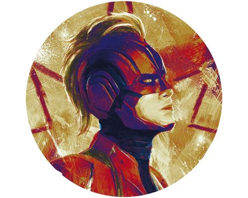 Captain Marvel helm in schilderstijl, afgebeeld op een Marvel behangcirkel.