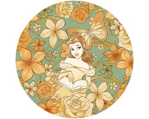 Behangcirkel van Belle uit Beauty and the Beast in een herfstachtige setting, omgeven door oranje bladeren en zachte kleuren.