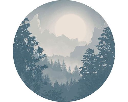 Blauwe vallei met bergen en landschappen op een muurcirkel.