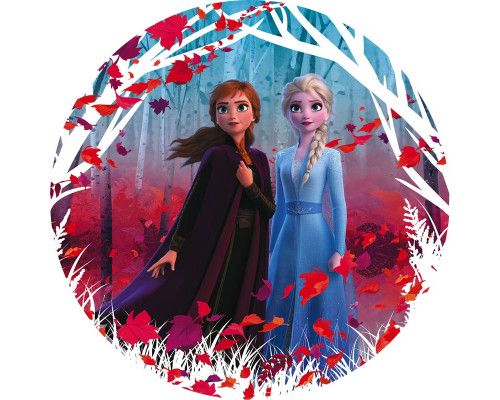 Behangcirkel van Elsa en Anna uit Frozen 2, omringd door sneeuw en winterse landschappen in een magische setting.