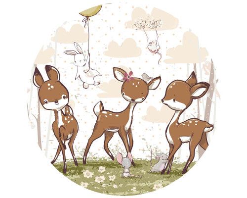 Schattige hertjes in een bos, perfect voor een kinderkamer op een muurcirkel.