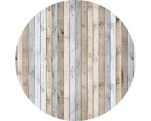 Gekleurde houten planken in vintage stijl, afgebeeld op een industriële behangcirkel.