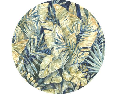 Gouden bladeren in een weelderige jungle setting op een luxe muurcirkel.