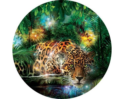 Een luipaard uit de jungle afgebeeld op een wilde behangcirkel voor dierenliefhebbers.