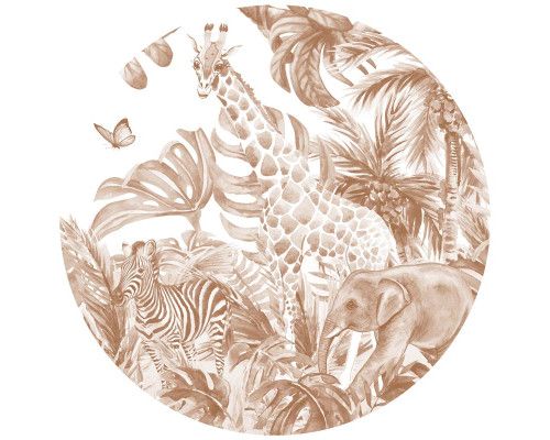 Terracotta dieren in een speelse setting op een muurcirkel.