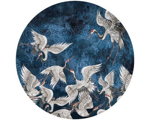 Luxe abstracte kraanvogel kunst in kleurrijke tinten op een muurcirkel.