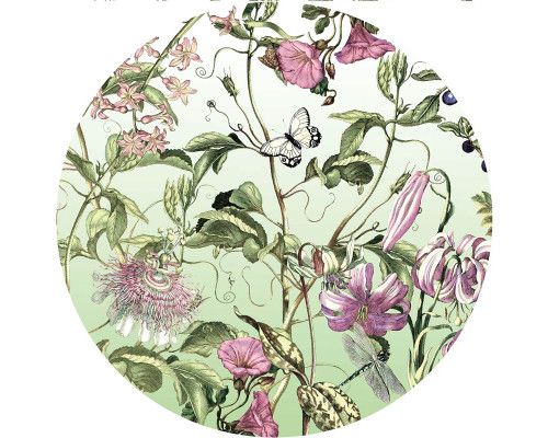 Bloemen en vlinders in een kleurrijke setting op een muurcirkel.