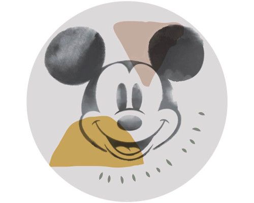 Behangcirkel van Mickey Mouse in zijn klassieke pose, met iconische elementen en vrolijke kleuren.